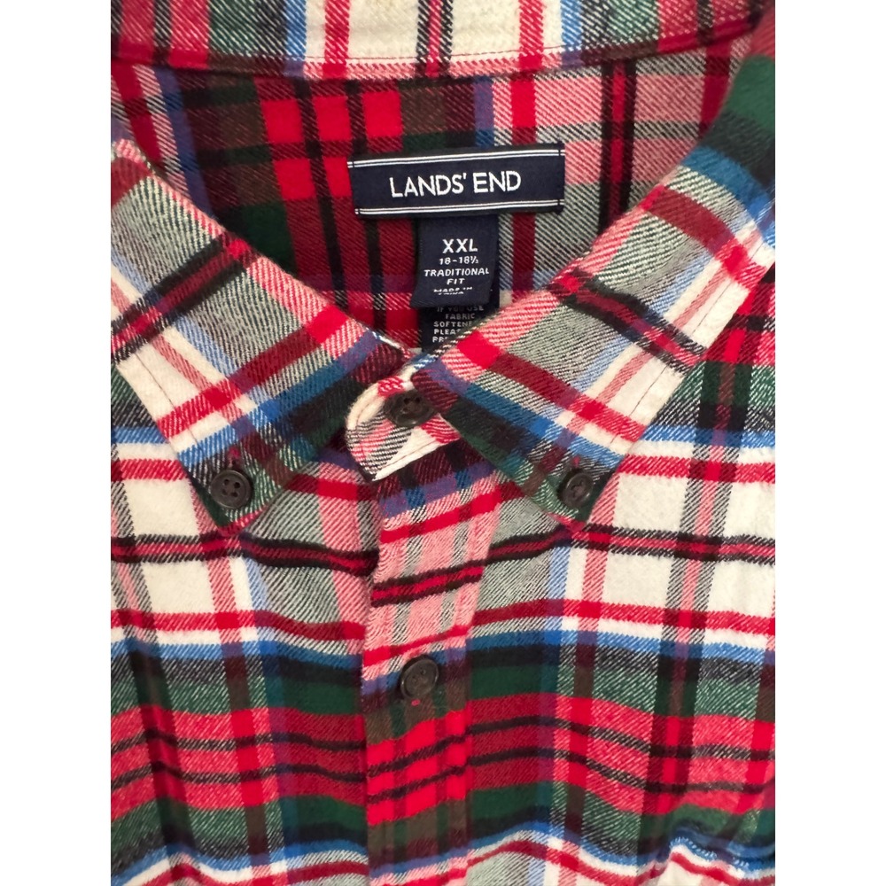 Lands End Mens XXL Flannel Shirt Red Green White Plaid Traditional Fit LS